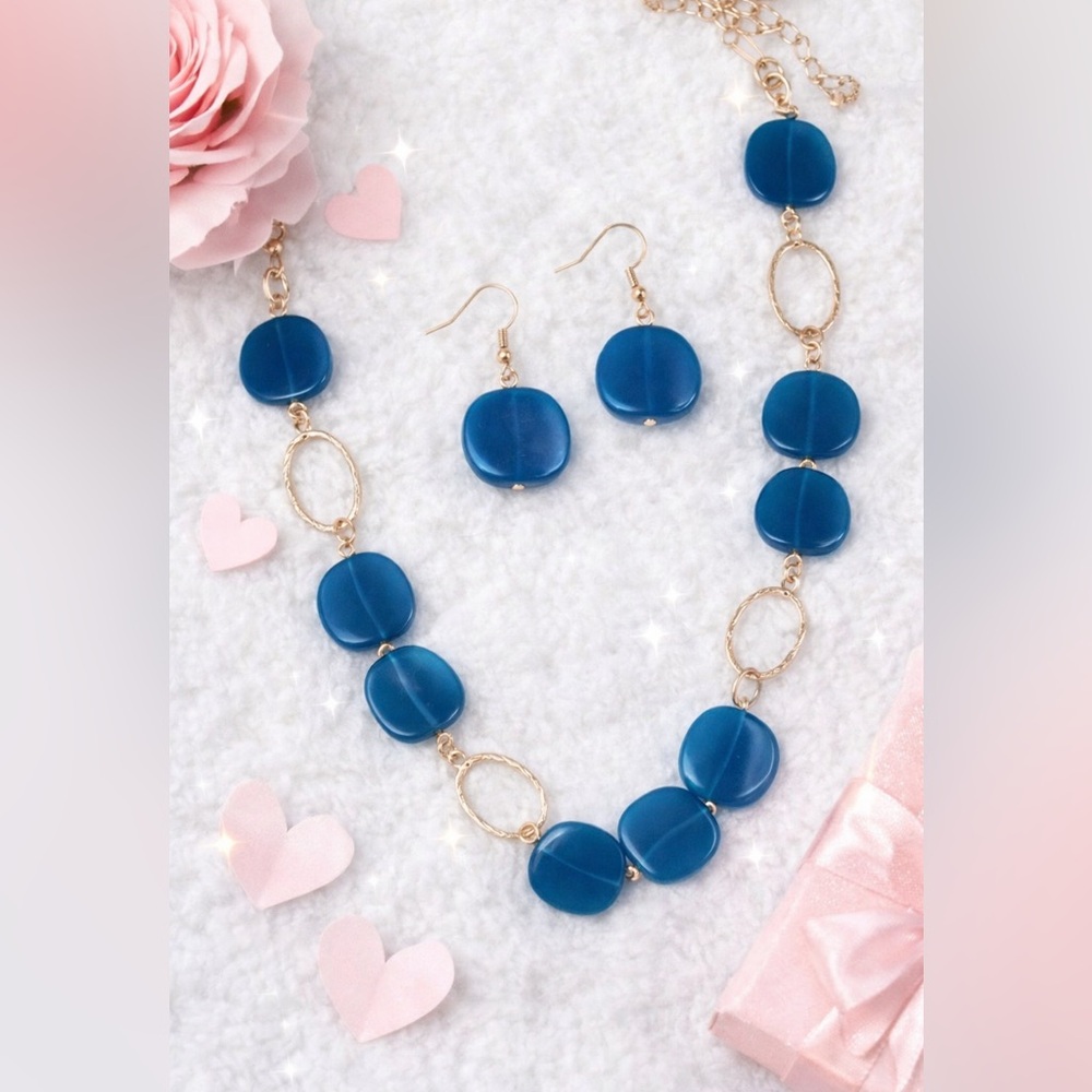 Long Blue Statement Necklace & Matching Earrings Set | Gold Link Chain